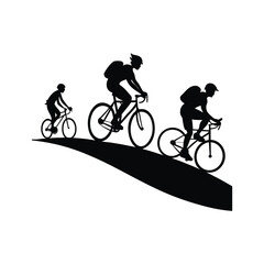 Obraz premium Group of Three Cyclists Riding Road Bikes Up a Steep Curved Hill. 
