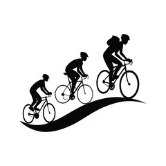 Fototapeta premium Group of Three Cyclists Riding Road Bikes Up a Steep Curved Hill. 