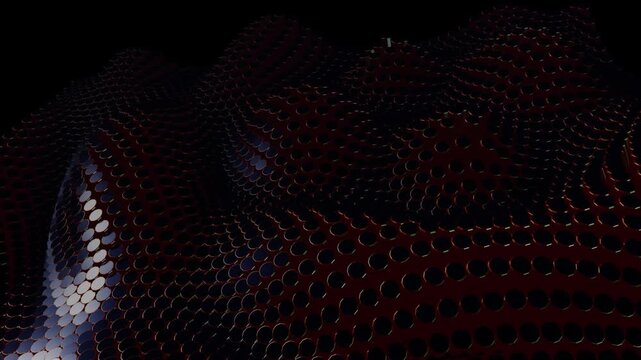 Dynamic undulations across a dark, perforated metallic surface, digitally rendered for a futuristic abstract background.