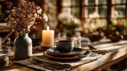 Fototapeta premium cozy outdoor patio setup with wooden table holding bowls of fruits, potted greenery, and soft natural light, warm and inviting atmosphere