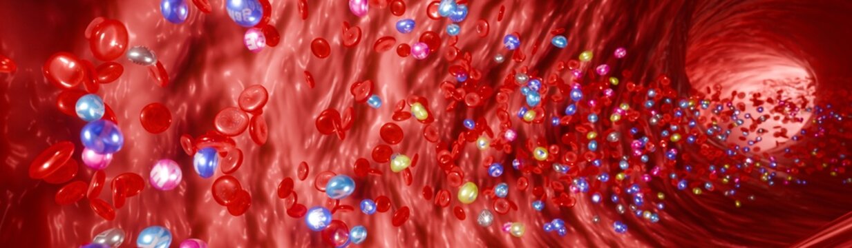 Colorful vitamin molecules and erythrocytes, microscopic bloodstream view of nutrient balance and wellness, 3D Rendering