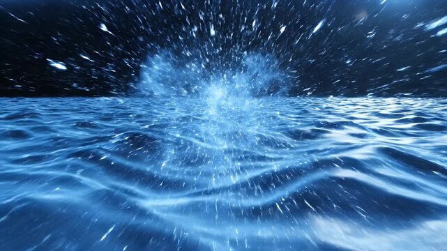 A luminescent blue explosion erupts from ocean waves against a dark space background