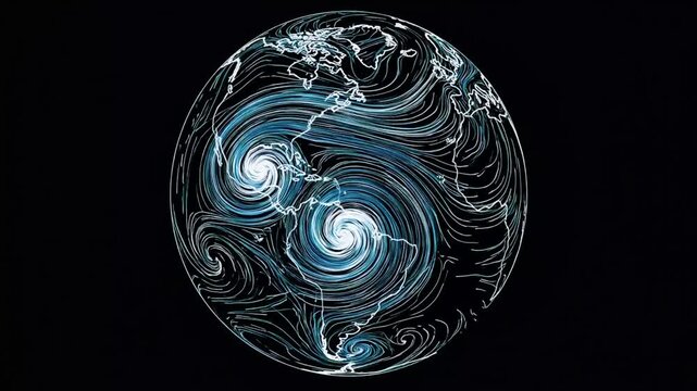 Animated world map globe with flowing atmospheric and weather wind currents.