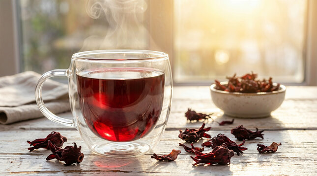 Hot red hibiscus tea in glass mug with dried flowers on table. Healthy herbal drink for heart care, wellness, natural medicine concept.