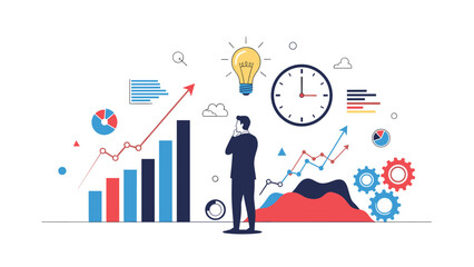 Fototapeta premium Businessman looking at a wall of business infographics and symbols to represent data analysis and strategic vision.