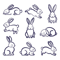 Hand drawn bunny outline collection in different poses. Minimal line art rabbit set for Easter design, sticker, print and branding.