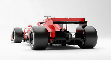 Obraz premium Rear view of a sleek red Formula 1 race car with large black tires