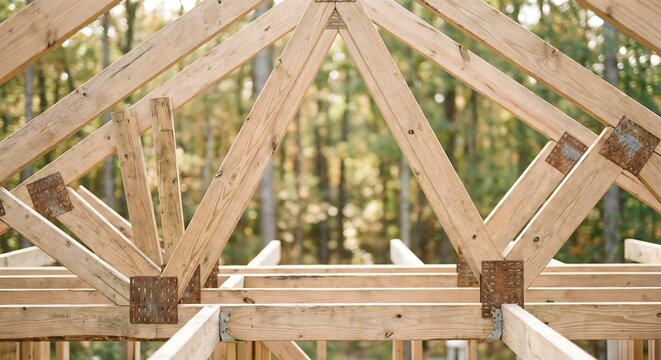 Professional wooden roof truss construction system for residential timber frames in a bright outdoor site, featuring triangular beams and metal connectors against a green forest background.