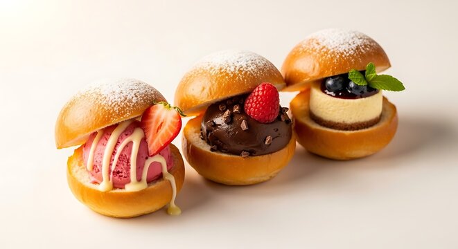 Cute Mini Sweet Burgers Dusted With Icing Sugar And Mint, Restaurant Food Images
