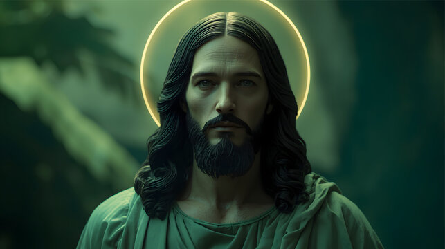 green portrait of lord jeus christ with glowing halo