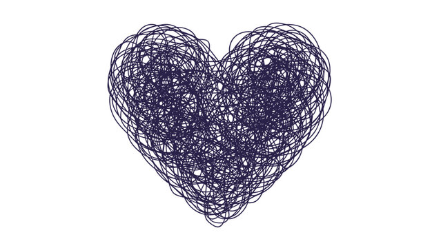 Abstract scribbled heart shape created with messy dark ink lines symbolizing complicated emotions and mental health awareness.