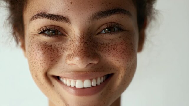 Close-up portrait of a woman smiling at the camera, showing her freckles and dimples.