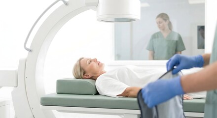 Obraz premium Adult White woman patient undergoing X-ray examination in clinical hospital setting with professional female technician and gloved hands of medical assistant, healthcare and radiology concept.