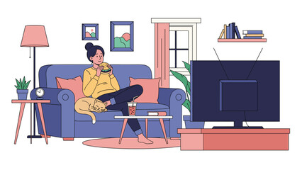 Fototapeta premium Young woman sitting on a cozy sofa with her cat and eating a hamburger while watching television in her living room.