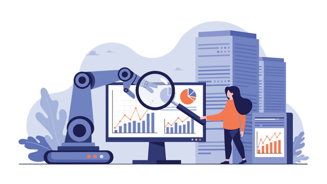 Futuristic industrial concept showing a robotic arm and a person analyzing complex charts and data on a large monitor.