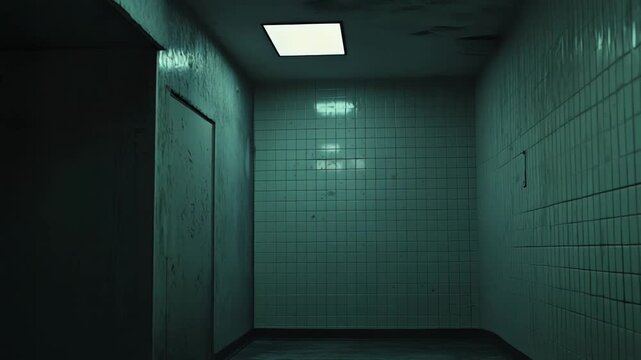 Dark green tiled corridor in a dilapidated hospital like building, eerily empty and decaying, evoking isolation, neglect, claustrophobic dread and haunting liminal atmosphere