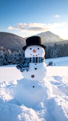 Obraz premium A snowman in a snowy landscape with mountains