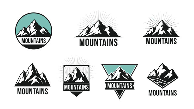 Set of vintage mountain landscape logo designs with sunbursts and geometric shapes for outdoor adventure and travel brands.