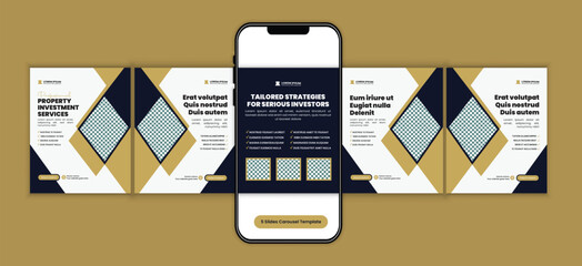 Modern real estate property investment social media carousel template, corporate business campaign design for real estate agency marketing, and premium housing campaign