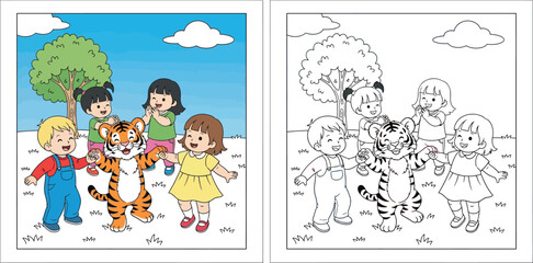 Fototapeta premium Cute cartoon vector illustration of happy kids dancing and holding hands with a friendly tiger