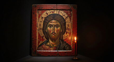 Obraz premium A weathered icon of Jesus Christ's face, with a cracked red and gold surface, stands beside a lit candle against a dark background.