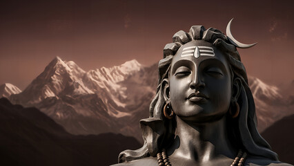 Majestic Shiva statue with serene expression against snow-capped Himalayan mountains