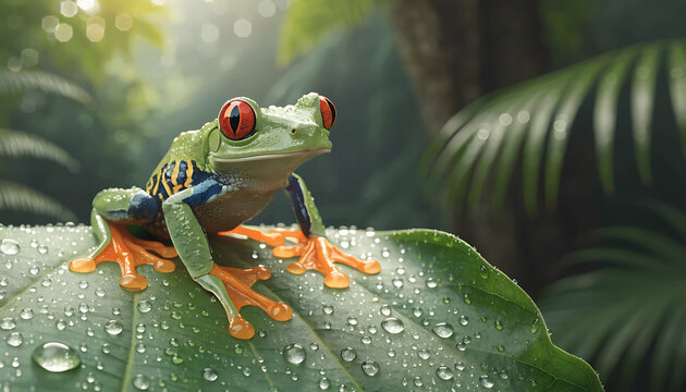 Red eyed tree frog sitting on green leaf with dew drops in tropical rainforest