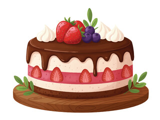 Delicious chocolate cake with strawberries and blueberries on top  sweet dessert