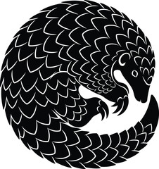 Black pangolin curled up in defensive ball pose silhouette vector artwork