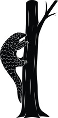 Isolated black and white vector of a pangolin climbing a tree trunk art