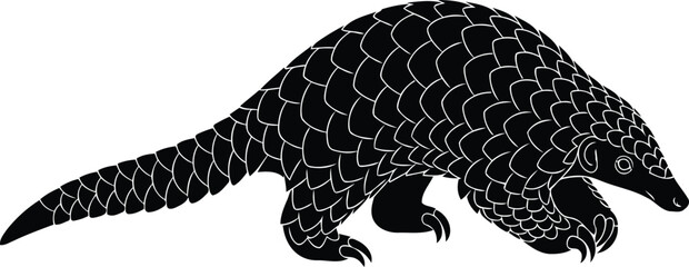 Simple black pangolin with scales, walking wild animal art vector graphic