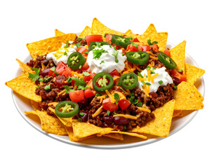 Nachos. Tortilla chips with cheese, jalapenos, sour cream, tomatoes, salsa, beef isolated on transparent png