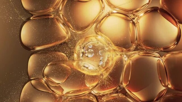 Abstract 3D animation video of collagen essence, vital for skin care, hair care, promoting skin restoration, hair restoration, and innovative cosmetics