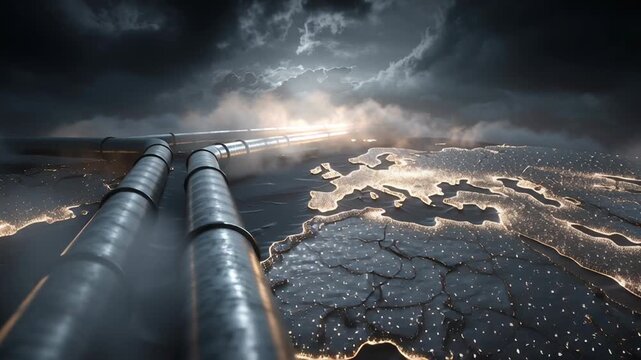 Cinematic oil war crisis concept, massive oil pipelines intersecting like battle lines, dark clouds forming a world map silhouette above, glowing oil droplets as strategic resources, dramatic lighting
