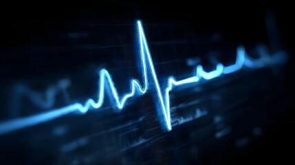 Close-up of a heartbeat line on a medical monitor, glowing blue, dark background