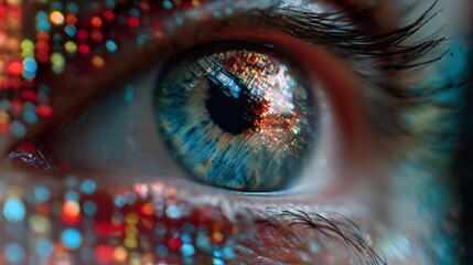 Close-up of an eye reflecting a digital data screen, cyberpunk science