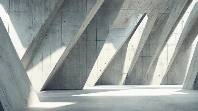 Abstract concrete interior with bold beams and minimalist geometry, dramatic sunlight casting sharp shadows across textured walls and floors for a modern, brutalist space