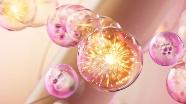Abstract 3D animation video of cosmetic collagen essence for skin and hair restoration, ideal for skin care and hair care solutions with glowing cells