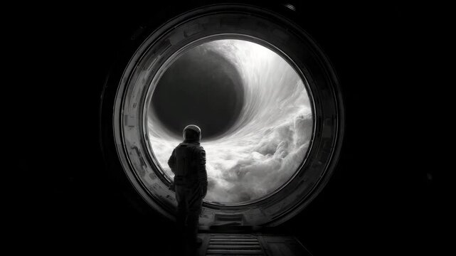 Astronaut Watching Cosmic Vortex Through Space Window Dramatic Sci Fi Concept Video