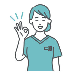 OKサインを出すスクラブ姿の女性医療従事者のイラスト（上半身）