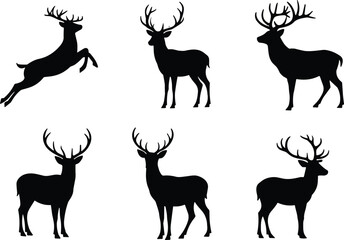 Vector illustration of stylized deer with antlers in leaping and standing poses symbolizing wildlife, culture, tradition, and education