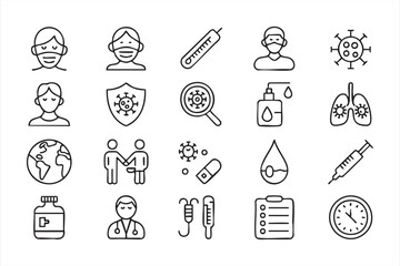 Modern medical outline icons featuring doctor, virus, and immunity concepts