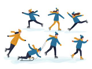 People ice skating in various poses on a frozen surface in winter clothing  fun and playful activities on ice skates