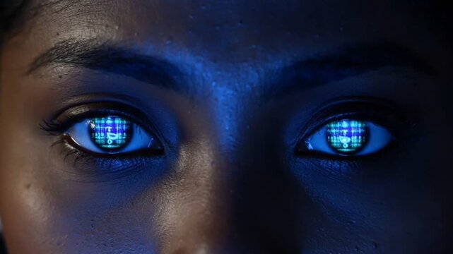 Close-up of Woman&rsquo;s Eyes with Digital Grid Reflection and Blue Ambient Lighting