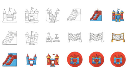 Fototapeta premium A set of colorful illustrations of bouncy castles and slides for kids