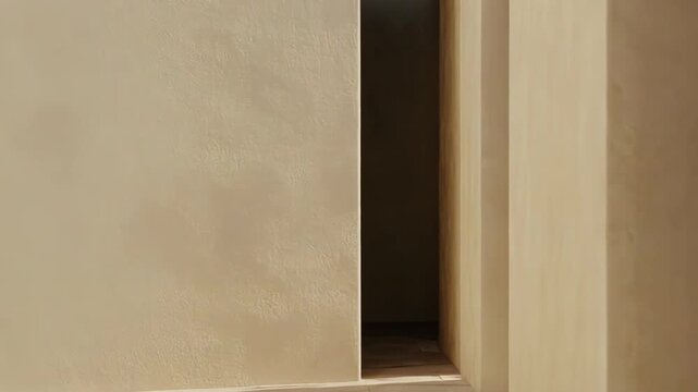 Beige architectural abstract space creating a minimalist composition with parallel walls, a rectangular opening, and strong shadows illuminating the floor