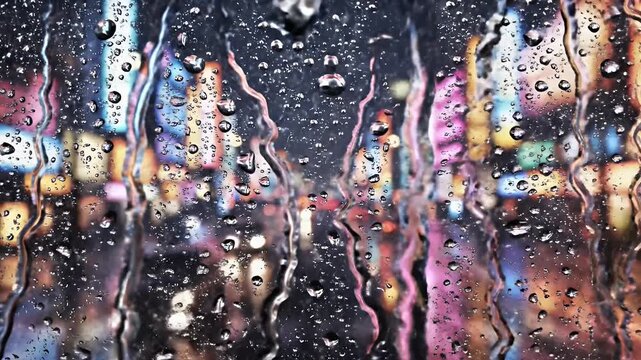 Raindrops cascade down glass, blurring city lights, creating a colorful and abstract scene