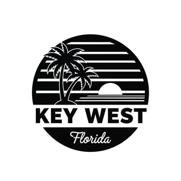 Vector illustration icon key west florida black and white vector logo with palm trees and sunset