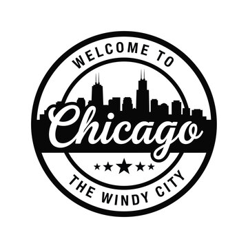 Vector illustration icon welcome to chicago the windy city black and white emblem with skyline