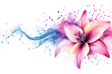 Fototapeta premium Vibrant Pink Lily Flower with Watercolor Splash and Artistic Design Elements